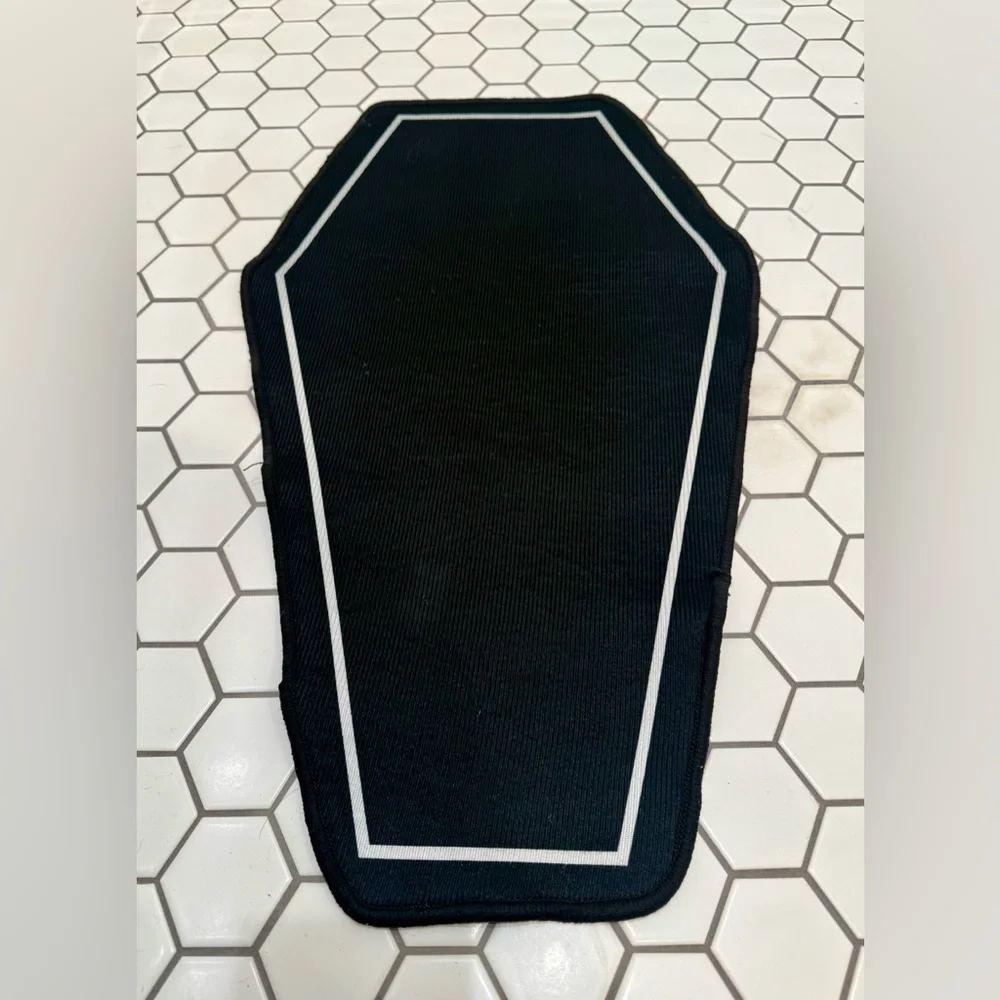 NWOT Small Black Coffin Shaped Bath Mat With White Border & Anti Skid Backing